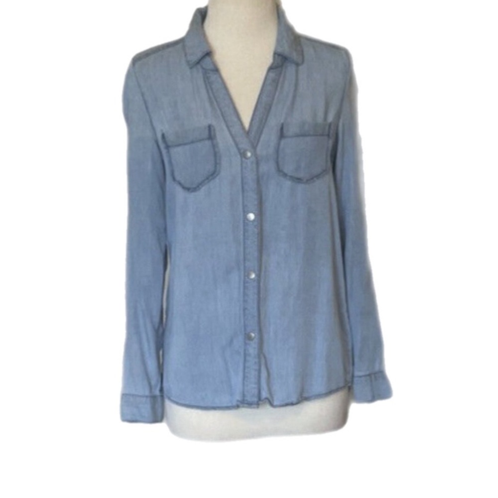 Maison Jules Womens S Long Sleeve Jean Top V-Neck Snap Front Denim Shirt